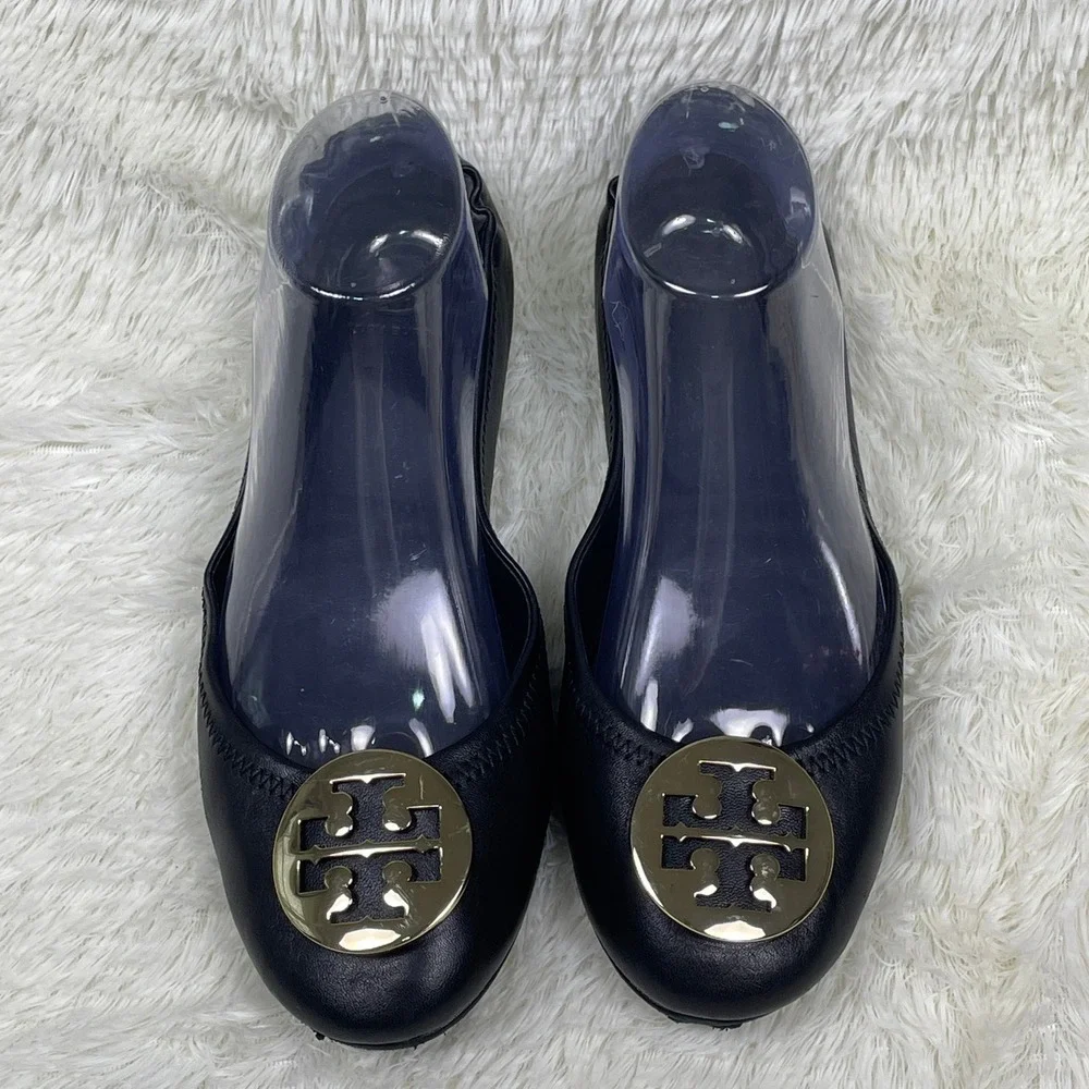 Tory Burch Minnie Travel Ballet Flats Womens 8.5M Black Good Gold Logo 6098 G19